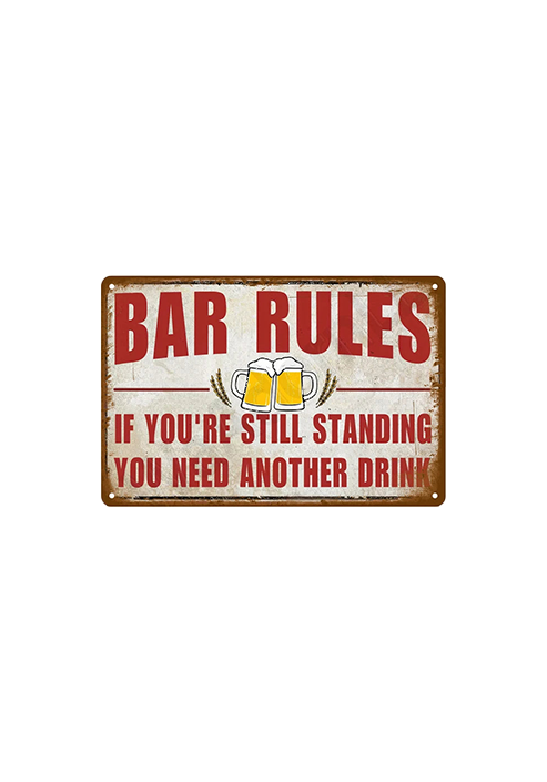 Metal sign with 'Bar Rules' text and beer graphics on a white background